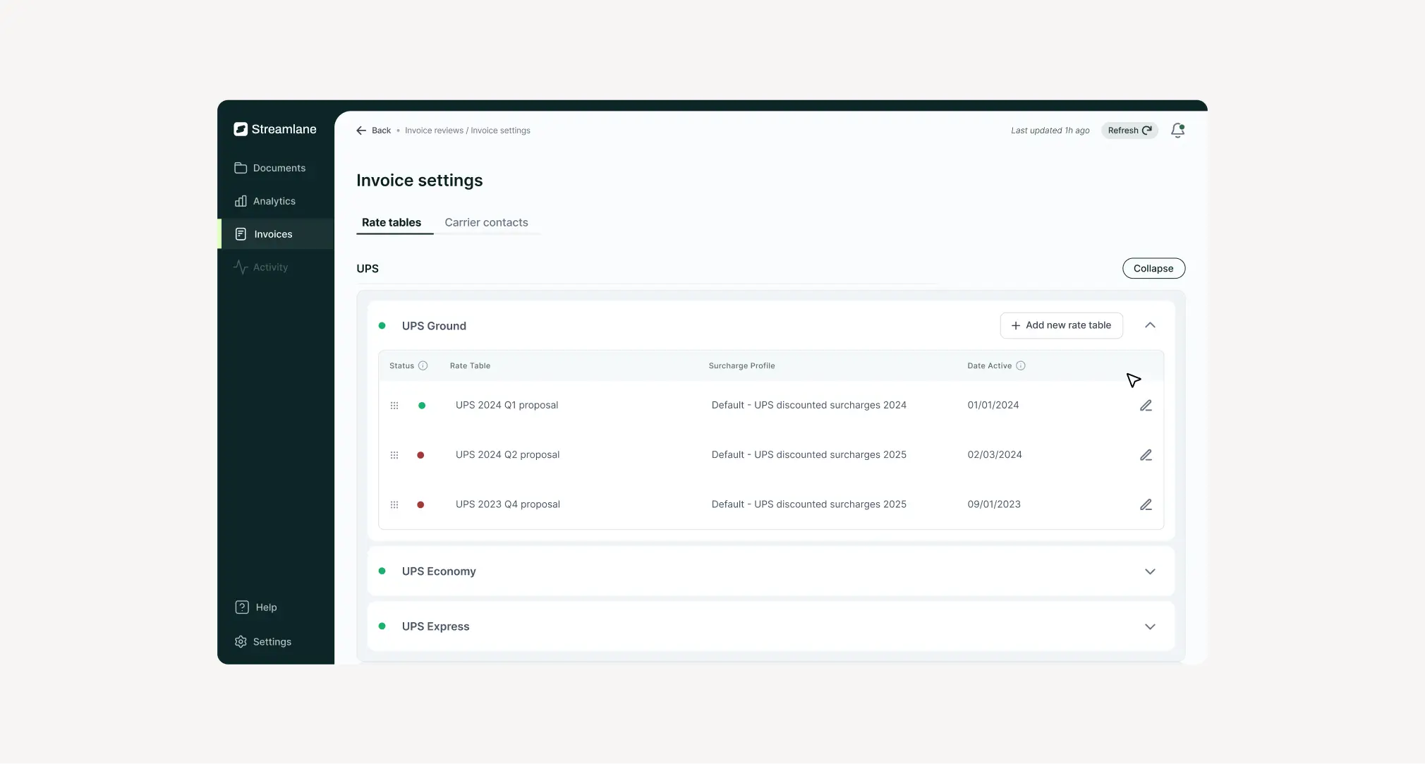 Streamlane invoice settings and rate tables