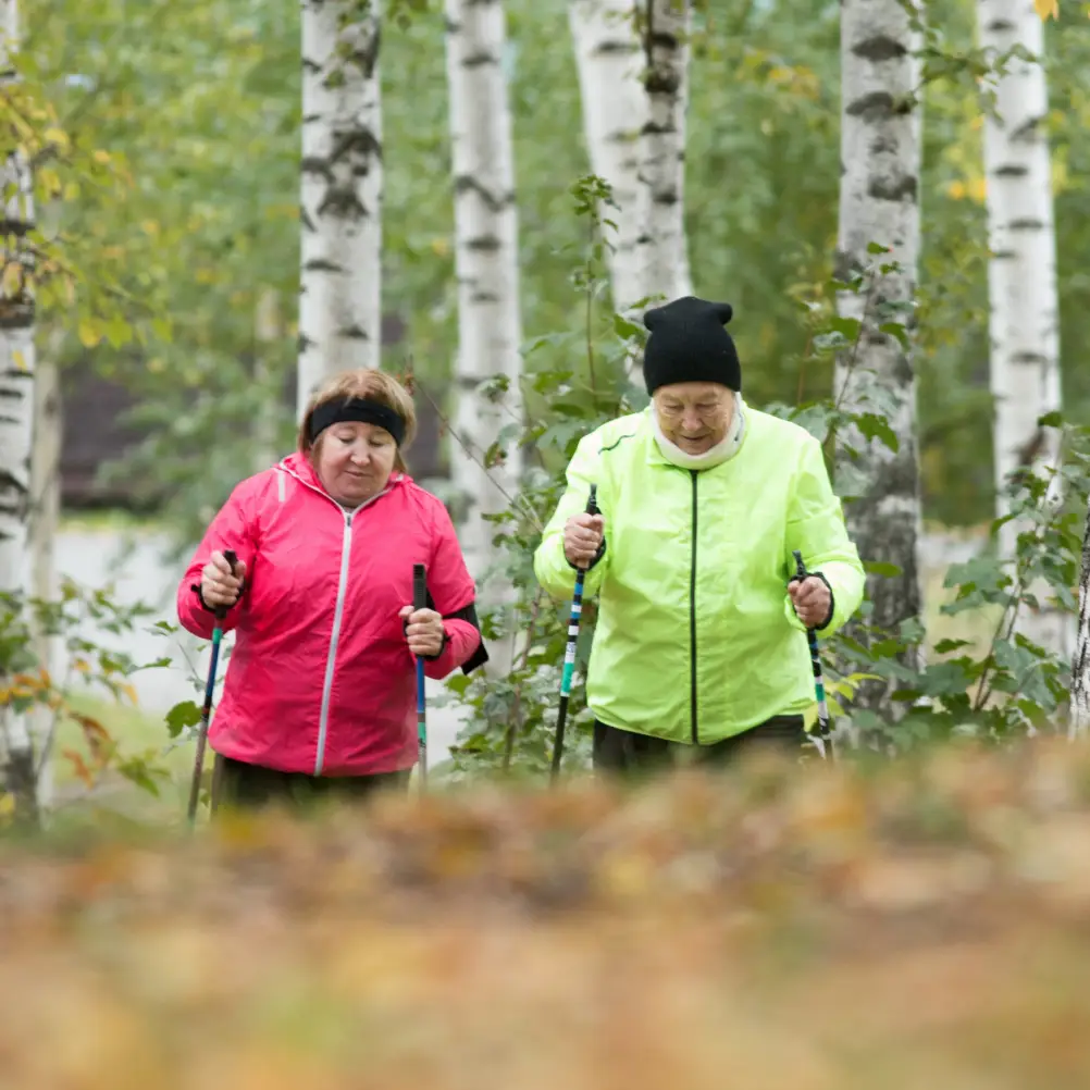 Two people walking outdoors
